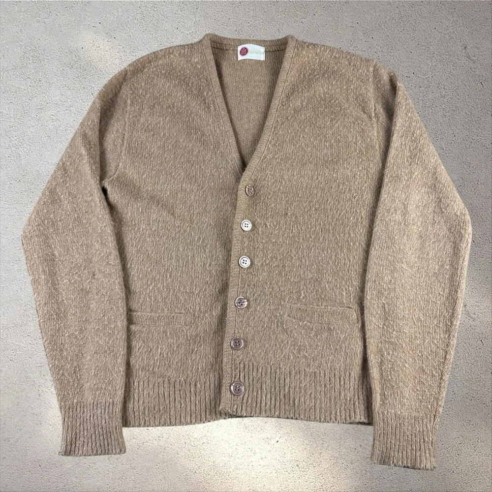 Vintage Sears Kings Road Cardigan Men's Large Tan Mohair Blend? 70s Cobain